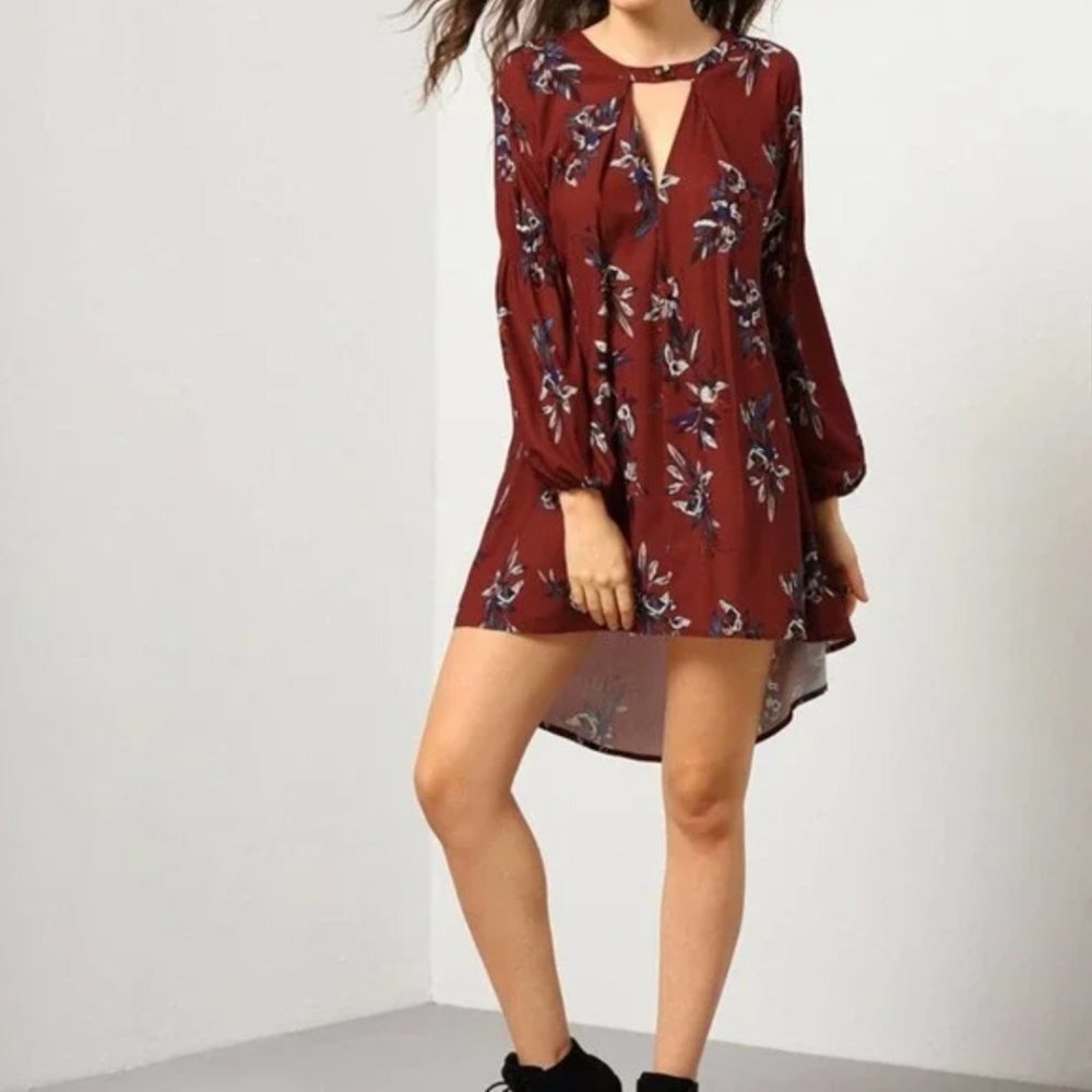 FREE PEOPLE | Burgundy Floral Tree Swing Tunic Dress Sz S